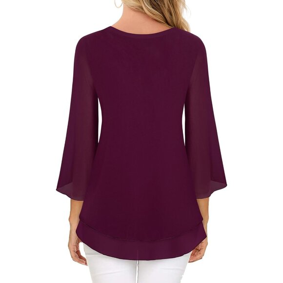 Women's 3/4 Sleeve Floral Blouses Shirts Double Layers V Neck Dressy Tunics Tops - Picture 4 of 6